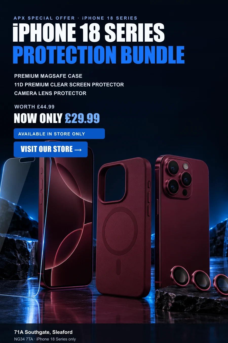iPhone 18 Series burgundy protection bundle: case, clear screen protector and camera lens protector, in store only for £29.99