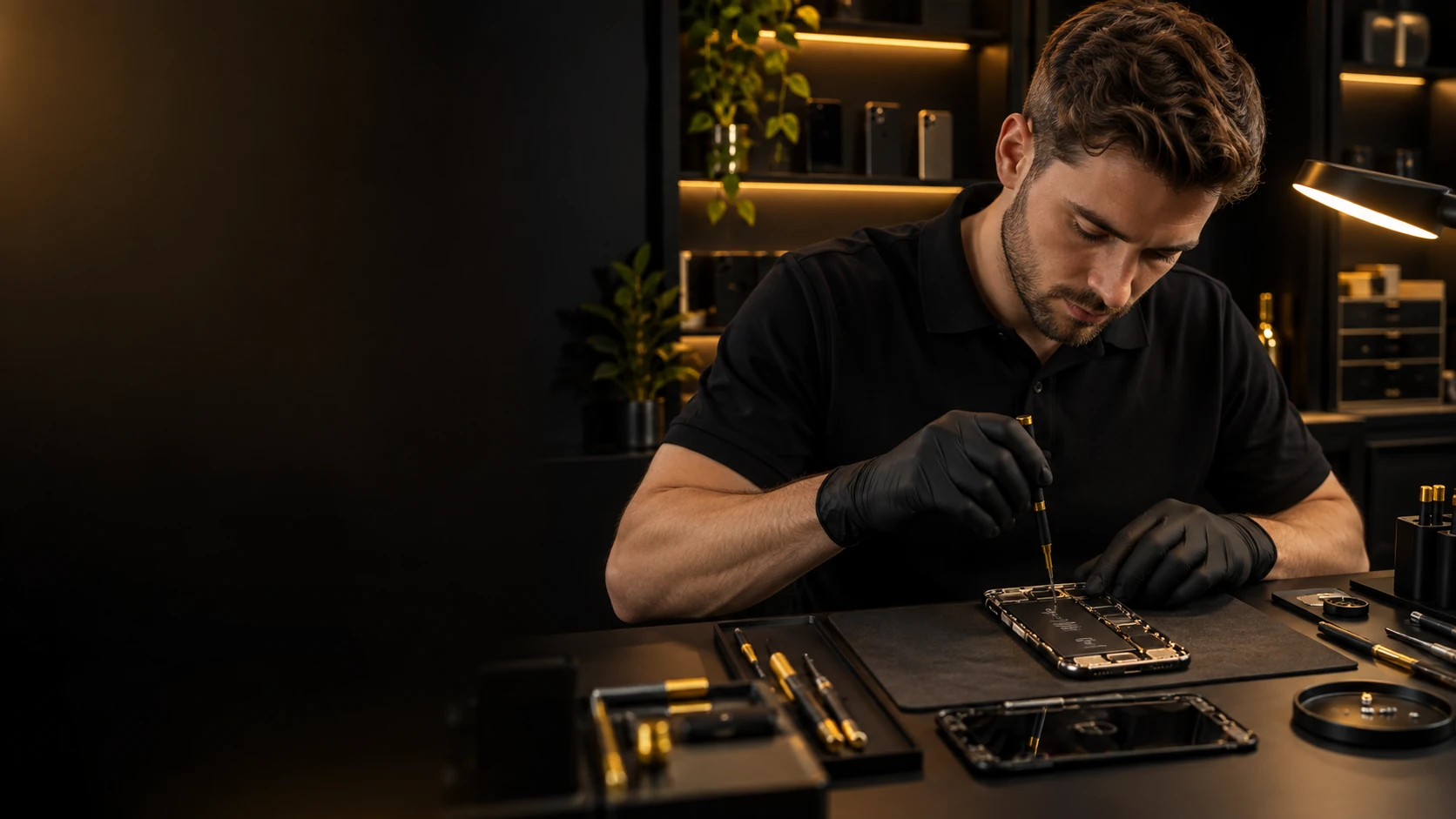 Technician carefully repairing a smartphone