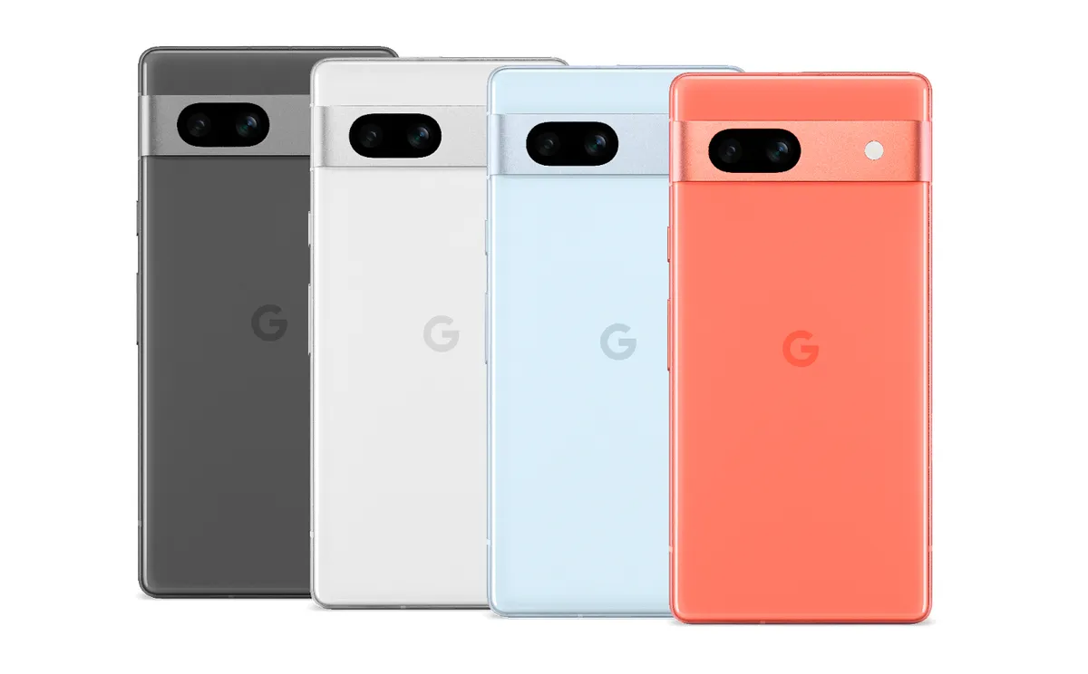 Pixel 7a in all four colors: Charcoal, Snow, Sea and Coral product image